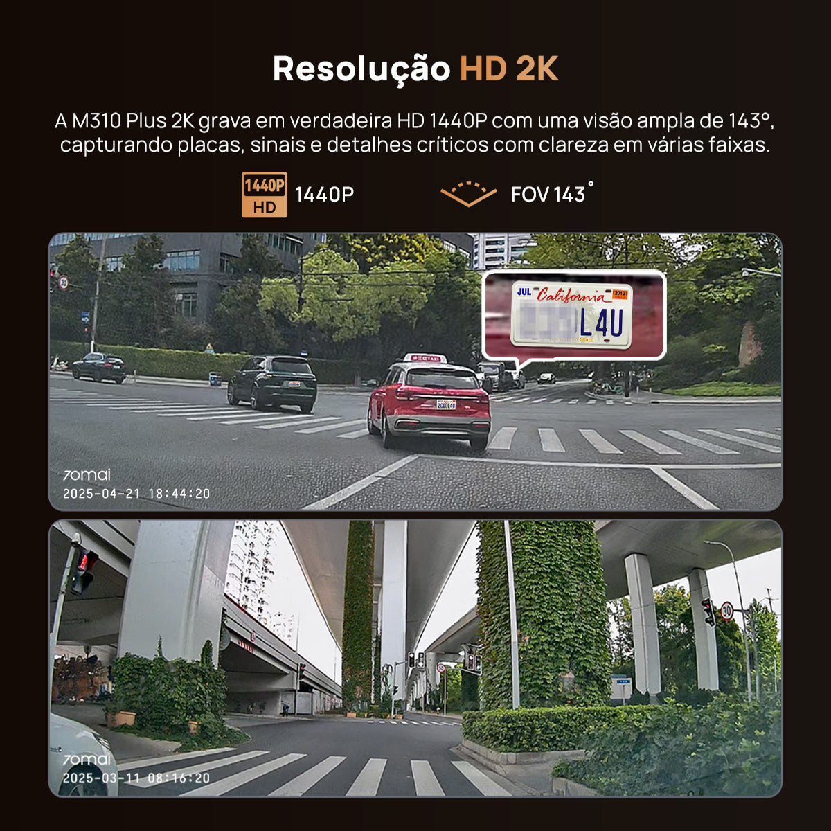 Câmera Automotiva 70mai M310 Wi-Fi 2K QHD 1296P G-Sensor APP Câmera Veicular Controle de Voz Visão Noturna HD 24H Amplo Ângulo de 130°