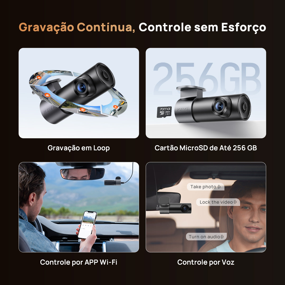 Câmera Automotiva 70mai M310 Wi-Fi 2K QHD 1296P G-Sensor APP Câmera Veicular Controle de Voz Visão Noturna HD 24H Amplo Ângulo de 130°
