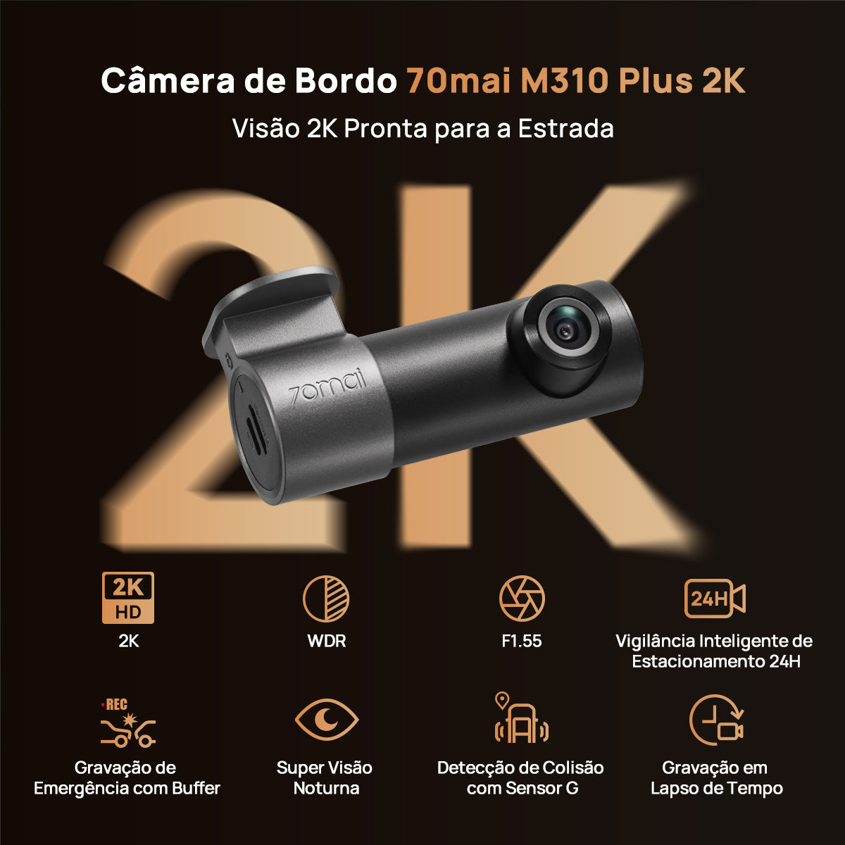 Câmera Automotiva 70mai M310 Wi-Fi 2K QHD 1296P G-Sensor APP Câmera Veicular Controle de Voz Visão Noturna HD 24H Amplo Ângulo de 130°