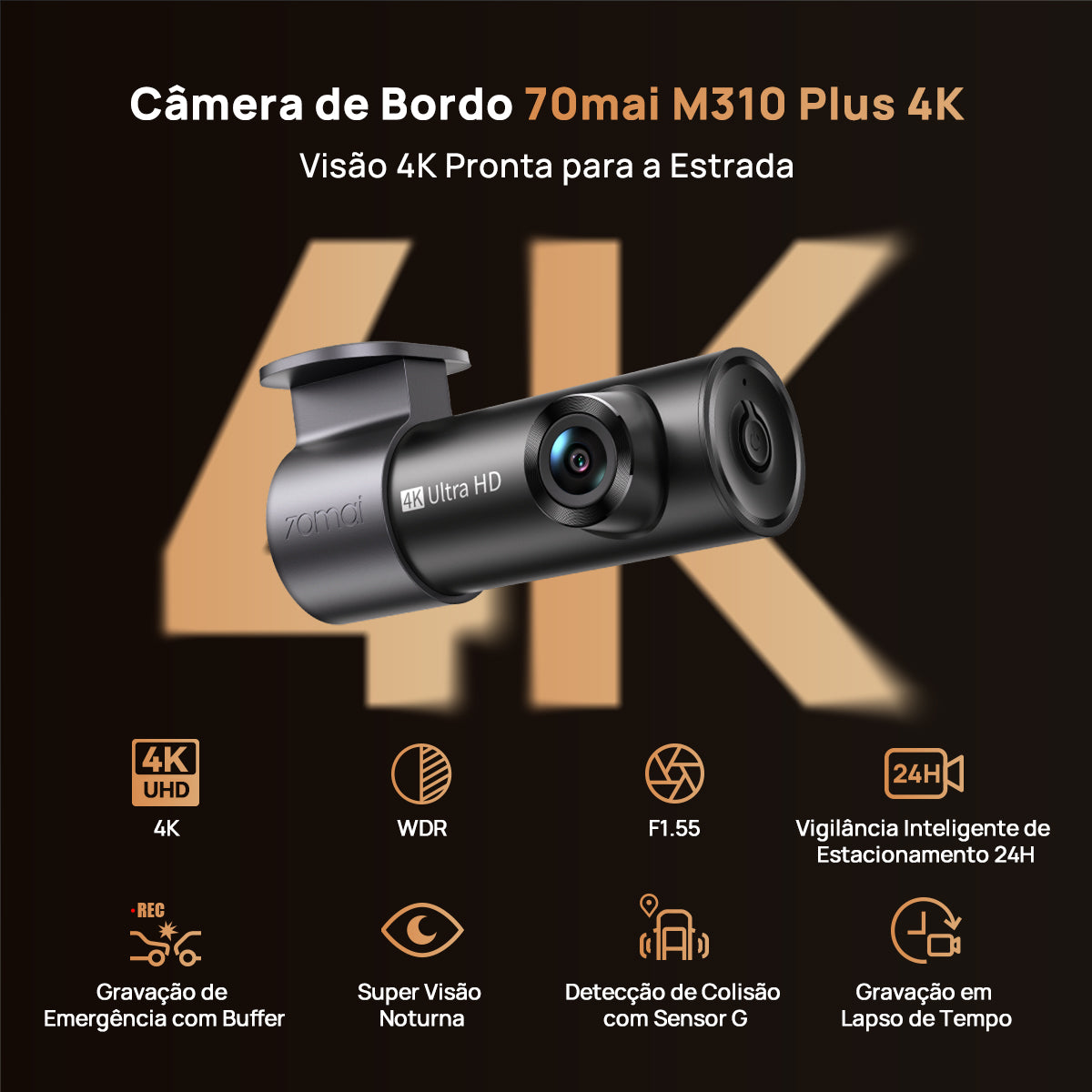 Câmera Automotiva 70mai M310 Wi-Fi 2K QHD 1296P G-Sensor APP Câmera Veicular Controle de Voz Visão Noturna HD 24H Amplo Ângulo de 130°