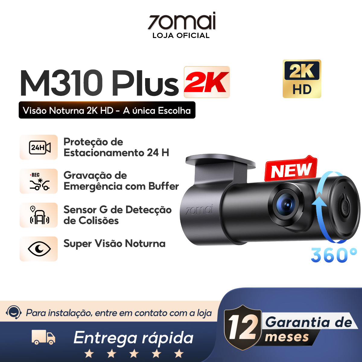 Câmera Automotiva 70mai M310 Wi-Fi 2K QHD 1296P G-Sensor APP Câmera Veicular Controle de Voz Visão Noturna HD 24H Amplo Ângulo de 130°